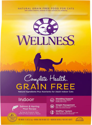 Wellness Natural Pet Food Complete Health Natural Grain Free Salmon & Herring Indoor Dry Cat Food, 11.5 Pound Bag