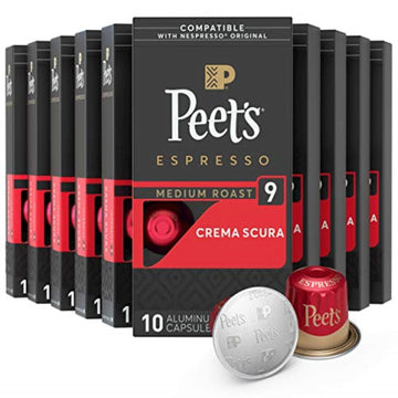 Peet's Coffee, Medium Roast Espresso Pods, Crema Scura Intensity 9, 100 Count (10 Boxes of 10 Espresso Capsules)