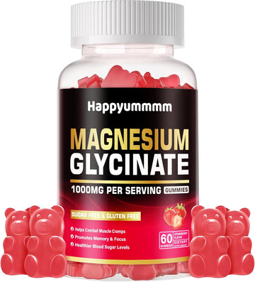 Magnesium Glycinate Gummies 1000Mg - Sugar Free Magnesium Potassium Supplement With Vitamin D, B6, Coq10 For Calm Mood & Sleep Support - 60 Orange Gummies
