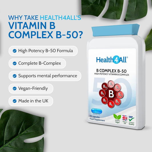 Health4All Vitamin B Complex B-50 90 Capsules, 3 Months Supply, High Potency Vegan B-Complex With Paba | Support Cognitive Functions, Energy, Tiredness & Fatigue | Made In Uk (Not Tablets)