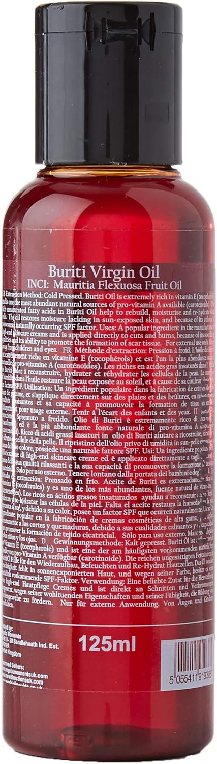 Mystic Moments | Buriti Virgin Carrier Oil 125ml - Pure & Natural Oil Perfect for Hair, Face, Nails, Aromatherapy, Massage and Oil Dilution Vegan GMO Free