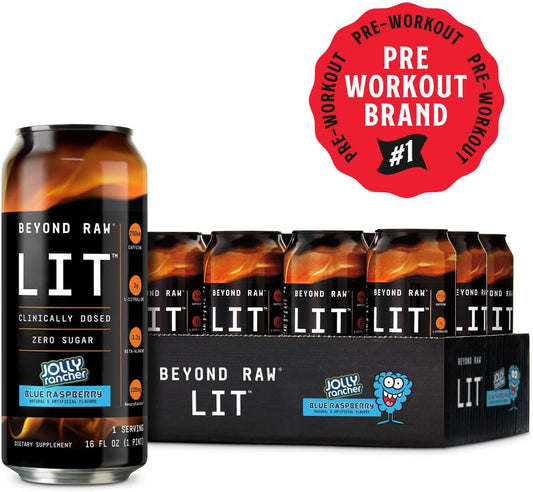 BEYOND RAW LIT On The Go | Ready to Drink Cans | Contains Caffeine, L-Citrulline, Beta-Alanine, and Nitric Oxide | Jolly Rancher Blue Raspberry | 12 Count