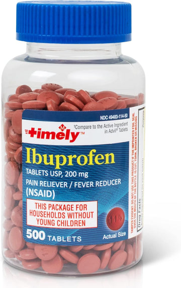 Timely Ibuprofen 200mg 500 Tablets - Compared to Advil Tablets - Pain Relief Tablets and Fever Reducer - for Headache Relief, Menstrual Pain, Tooth Aches Muscular Aches, Arthritis Pain & Body Aches