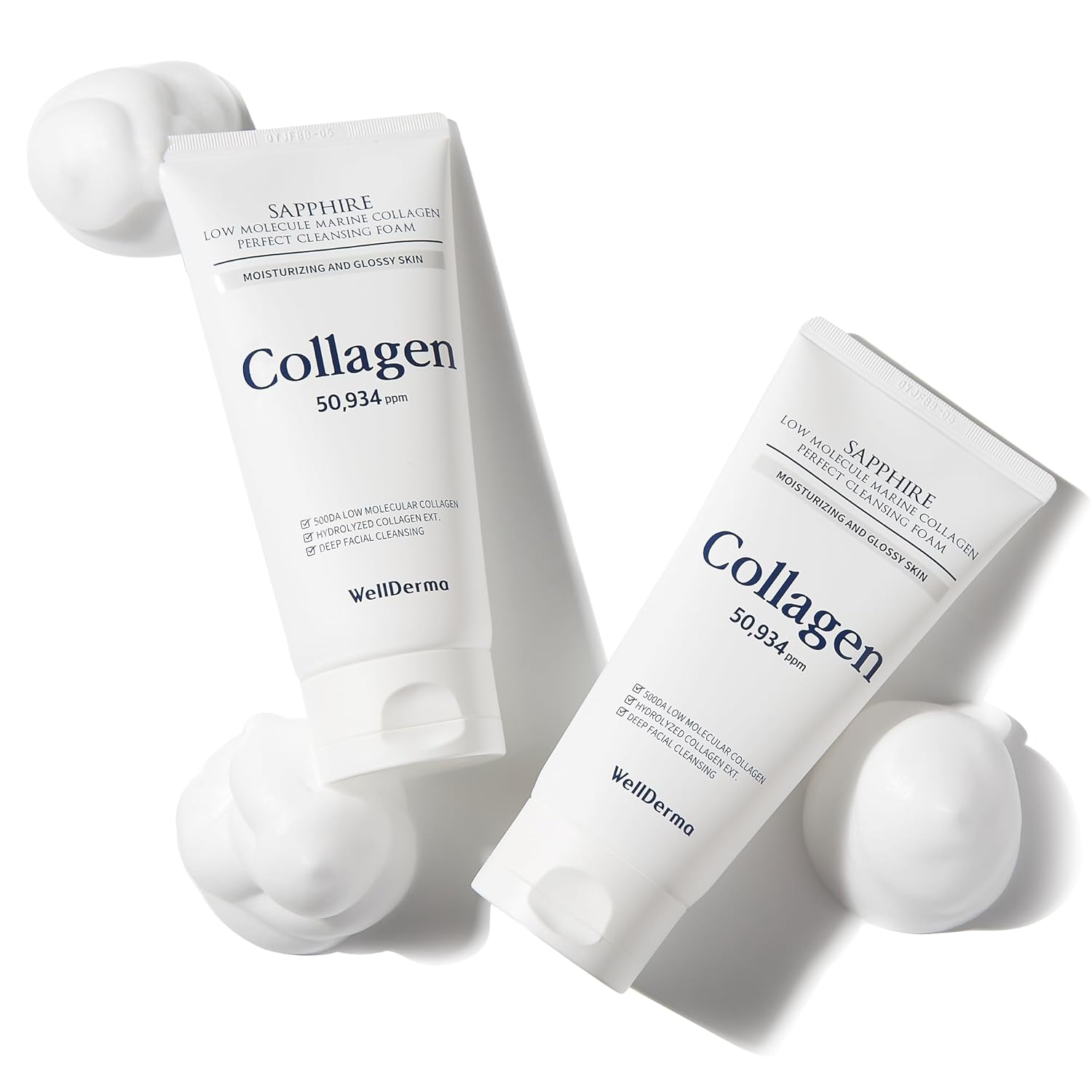 Wellderma Sapphire Low Molecule Collagen Perfect Cleansing Foam150Ml/Bright Face Collagen Foam/Moisturizing Effectmakeup&Dead Skin Removal,Hydrating & Anti Aging And Exfoliating Face Wash