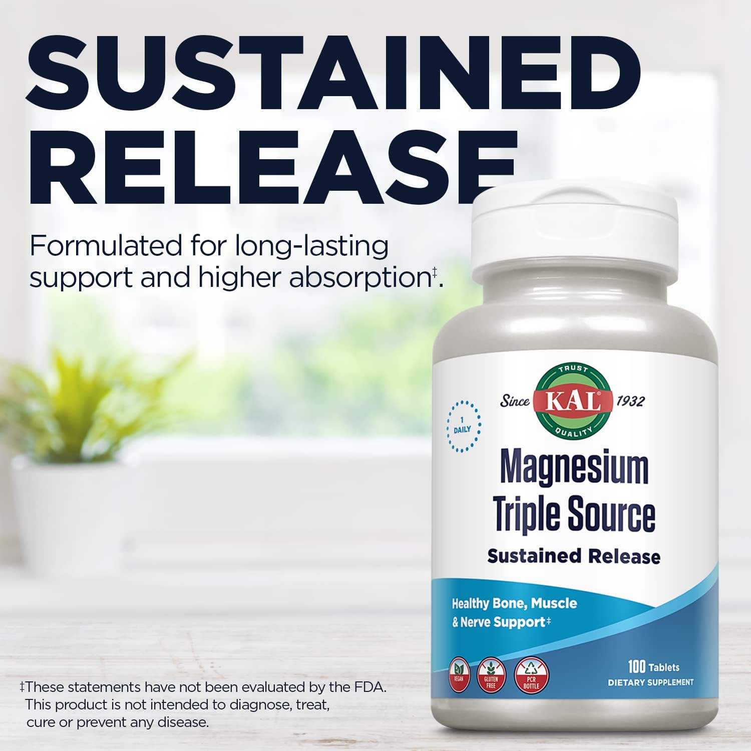 KAL Triple Source Magnesium Complex, Magnesium Citrate, Magnesium Malate, Magnesium Oxide, Sustained Release, Bone, Muscle, Nerve Support, Vegan, Gluten Free, 60-Day Guarantee, 100 Servings, 100 Tabs : Health & Household