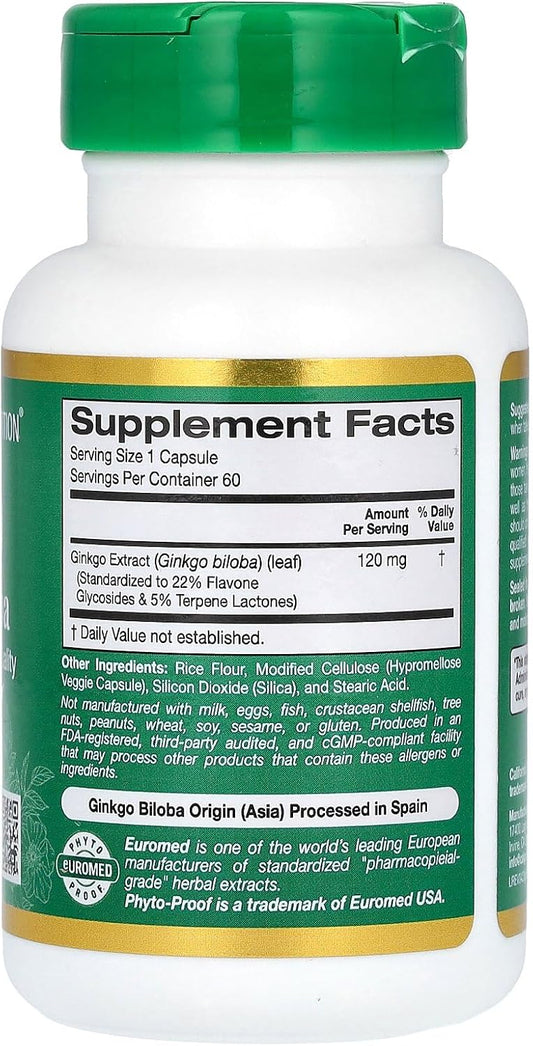 California Gold Nutrition Euroherbs, Ginkgo Biloba Extract, Euromed Quality, 120 Mg, 60 Veggie Capsules