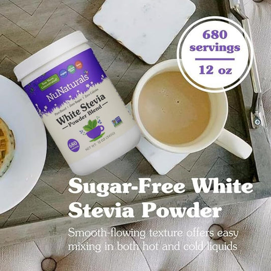 Nunaturals White Stevia Powder, Plant-Based Sugar Substitute, Zero Calorie Sweetener, 12 Oz