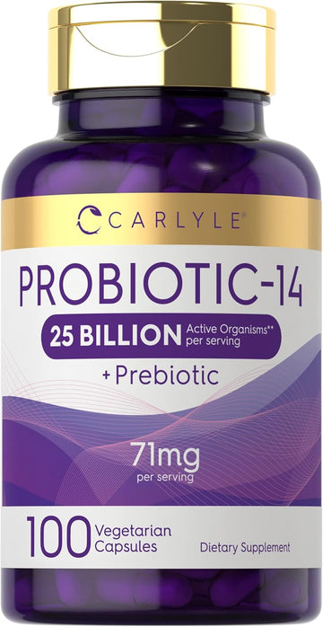 Carlyle Probiotics 25 Billion Cfu | With Prebiotics | 100 Capsules | Vegetarian, Non-Gmo, & Gluten Free Supplement | For Men & Women