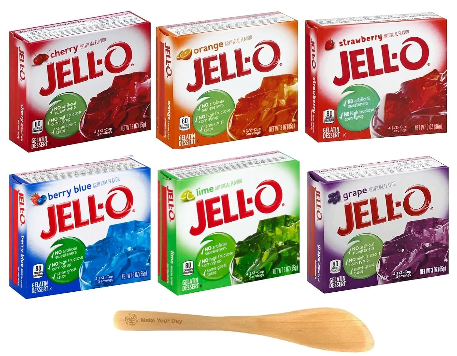 Jello Gelatin Dessert Variety, Cherry, Orange, Strawberry, Lime, Berry Blue, And Grape, 3 Ounce (Pack Of 6) - With Make Your Day Mini Bamboo Spatula