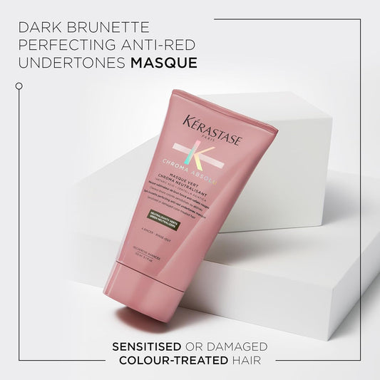 Kérastase Chroma Absolu, Softening And Strengthening Mask, Neutralising Red Tones, For Sensitised Or Brown Colour-Treated Hair, With Lactic Acid, Masque Vert Chroma Neutralisant, 150 Ml