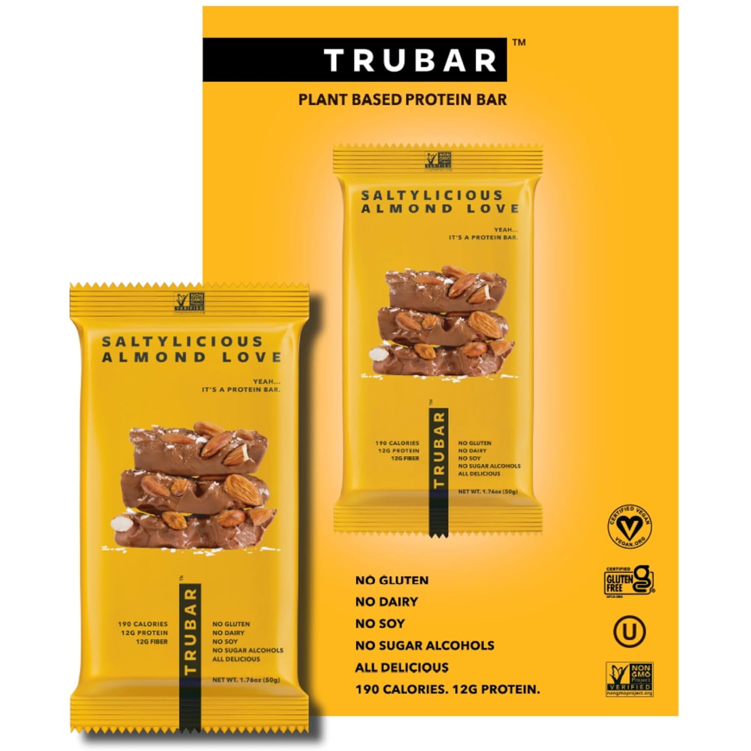 Trubar Vegan Protein Bar, Saltylicious Almond Love, Gluten Free, Plant Based Protein, Dairy Free, Non Gmo, Soy Free, No Sugar Alcohols, 12G Protein, 12G Fiber, 23G Carb, On The Go Snack Bars, 12 Ct