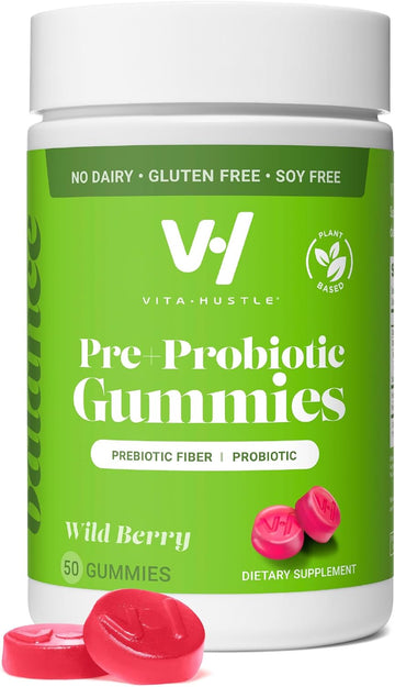 Vitahustle Pre + Probiotic Gummies, Vegan, Gut Health, Digestion, Bloating, Relief, Immune Support, Low Sugar, Plant Based, Non Gmo, Berry Flavor, 50 Count