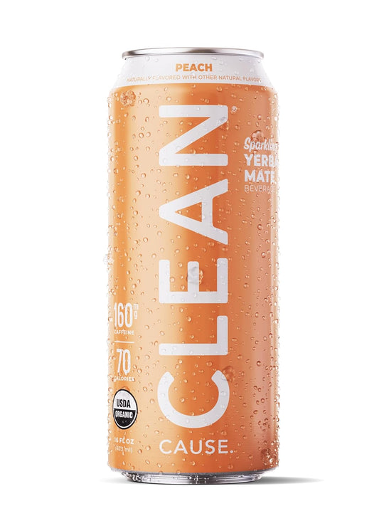 Clean Cause Low Calorie Peach Usda Organic Sparkling Yerba Mate Tea (16Oz Cans, 12-Pack Case) Low Sugar, 160Mg Caffeine, Healthy Alternative To Soda & Energy Drinks