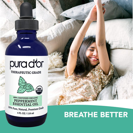 Pura D'Or Organic Peppermint Essential Oil (4Oz With Glass Dropper) 100% Pure & Natural Therapeutic Grade - Hair, Body, Skin, Aromatherapy Diffuser, Massage, Refreshens, Energy, Mood, Home, Diy Soap