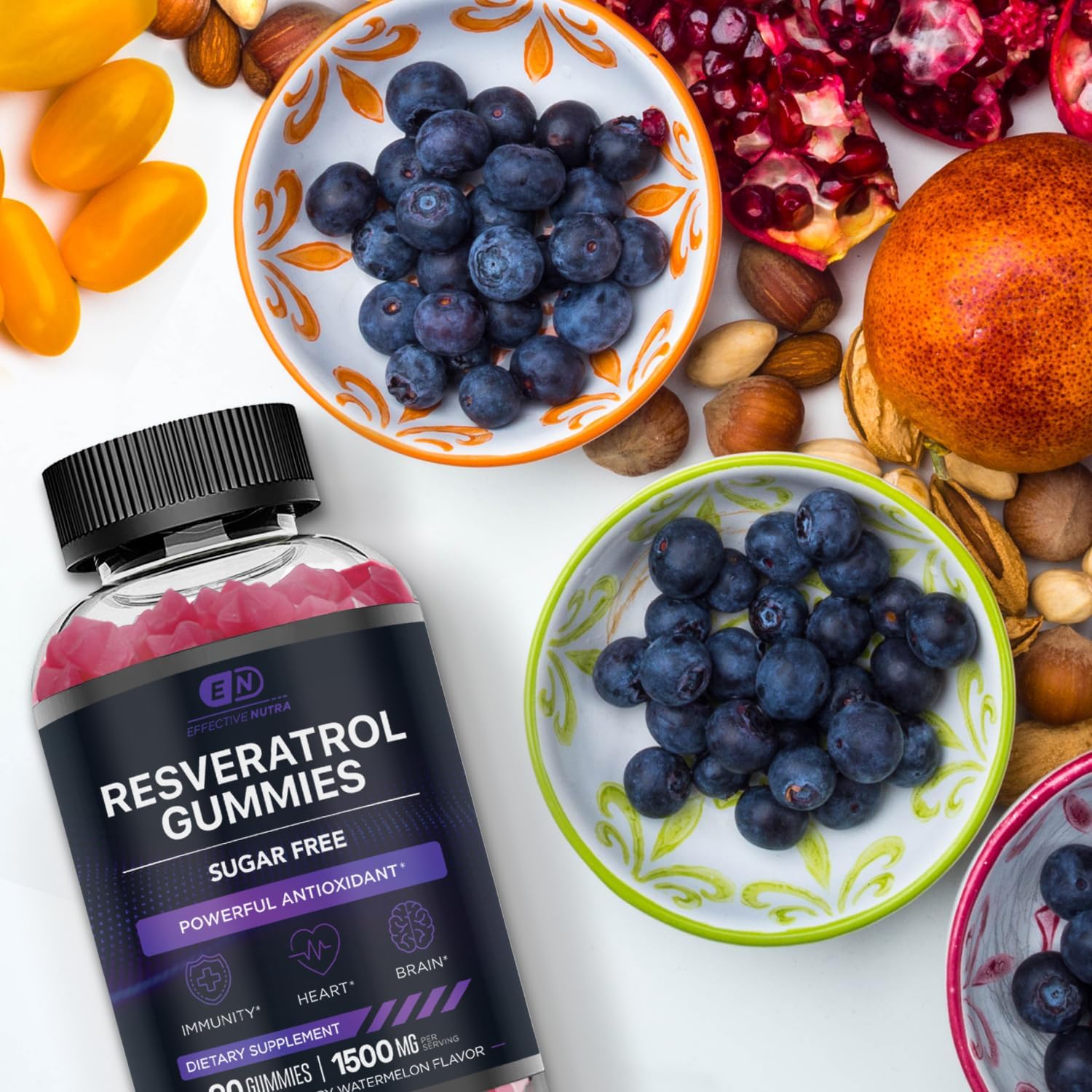 EFFECTIVE NUTRA Resveratrol Gummies 1500mg - Sugar Free Resveratrol Supplement for Antioxidant Support, Immunity, Heart Health, Brain Function - Natural Raspberry Watermelon Flavor (90 Count) : Health & Household