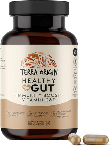 TERRA ORIGIN Healthy Gut Capsules with Immunity Boost | 90 Capsules | Digestive Support Including intestinal Permeability, IBS, Bloating, Gas and Constipation* 30 Servings/90 Capsules