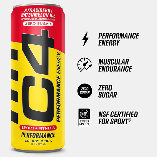 C4 Performance Energy Drink | Zero Sugar Carbonated Preworkout Energy | 150Mg Caffeine With Beta Alanine | Strawberry Watermelon Ice | 12 Fl Oz (12 Pack)