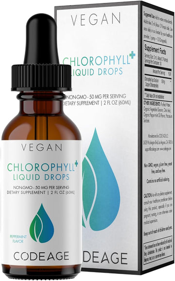 Codeage Chlorophyll Liquid Drops Supplement, Immune Support, Skin Care, Certified Organic Vegetable Glycerin Water, Liquid Chlorophyll, Organic Peppermint Flavor Clorofila, Vegan 2 Fl Oz