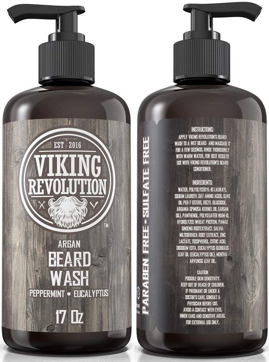 Beard Wash Shampoo W/Argan & Jojoba Oils - Softens & Strengthens - Natural Peppermint And Eucalyptus Scent - Beard Shampoo W/Beard Oil (17 Oz Shampoo)