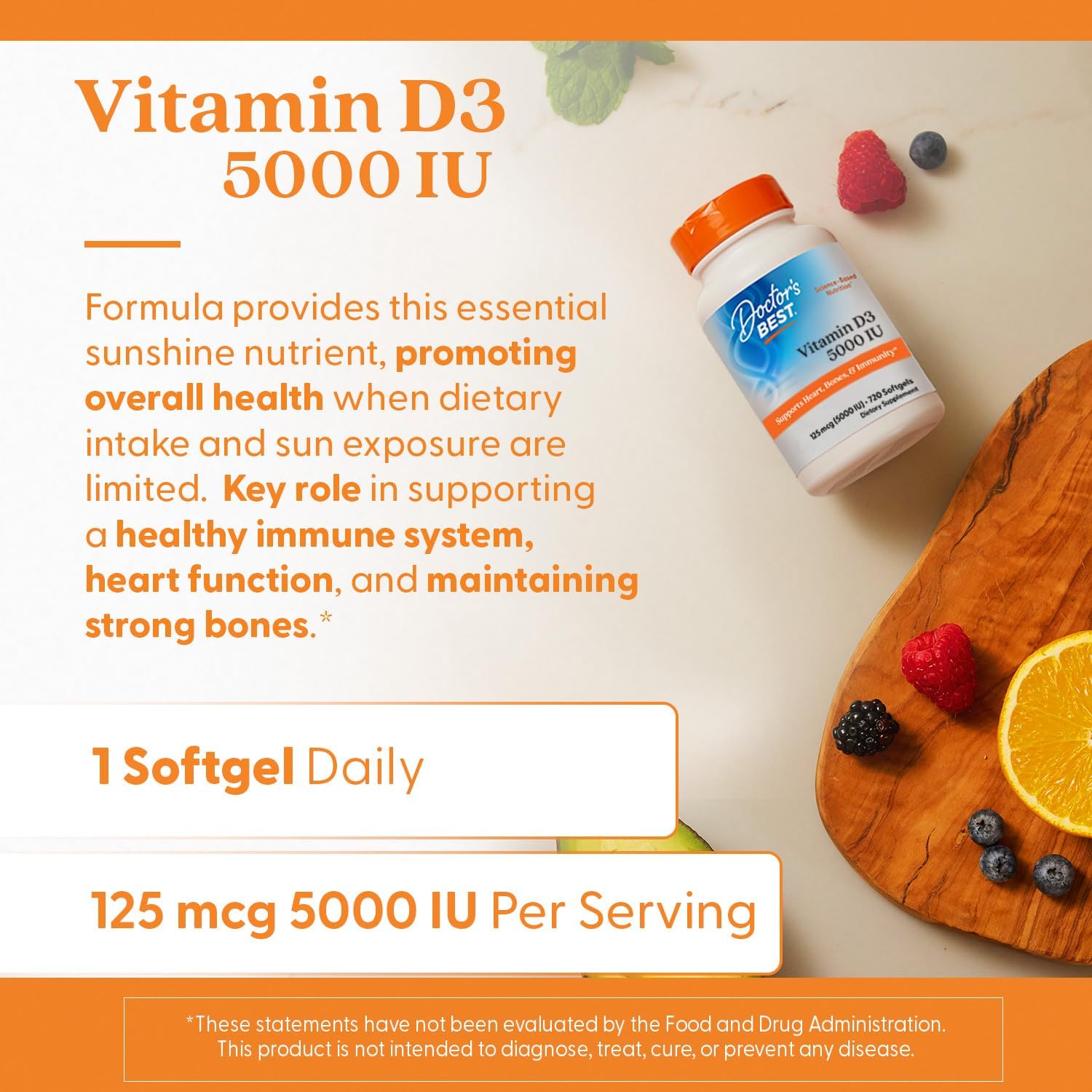 Doctor'S Best Vitamin D3 5000Iu, Non-Gmo, Gluten & Soy Free, Regulates Immune Function, Supports Healthy Bones, White, No Flavour, 180 Count : Health & Household