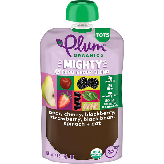 Plum Organics Mighty 4 Organic Toddler Food - Pear, Cherry, Blackberry, Strawberry, Black Bean, Spinach, And Oat - 4 Oz Pouch (Pack Of 12) - Organic Fruit And Vegetable Toddler Food Pouch