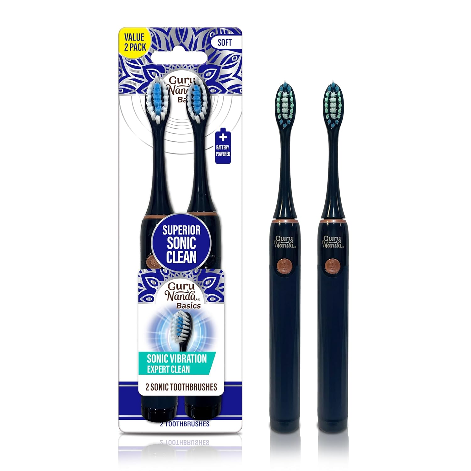 Gurunanda Sonic Toothbrush - Superior Clean- Dual Modes, Smart Timer With Quadpacer, Dupont Soft Bristles, Aaa Battery Included – Gentle, Effective Oral Care, 2-Pack