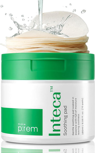 Makeprem Inteca Intensive Soothing Cica Facial Toner Pads 70 Unbleached 100% Cotton Pha Mild Exfoliating Vegan 6Oz Serum Nano-Sized Centella Instant Calming Effect Acne-Prone Irritated Sensitive Skin