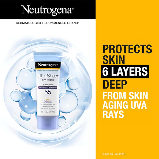 Neutrogena Ultra Sheer Dry-Touch Sunscreen Lotion, Broad Spectrum Spf 55 Uva/Uvb Protection, Lightweight Water Resistant Face & Body Sunscreen, Non-Greasy, Travel Size, 3 Fl. Oz