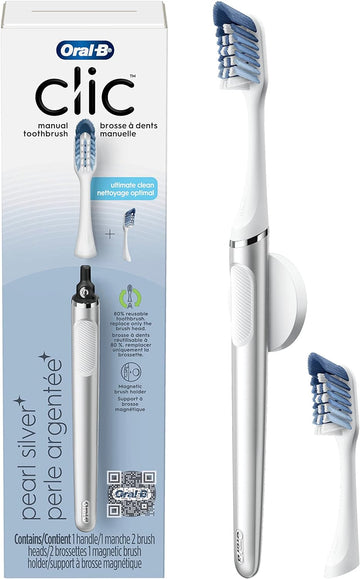 Oral-B Clic Toothbrush, Chrome White, With 1 Bonus Replacement Brush Head And Magnetic Toothbrush Holder