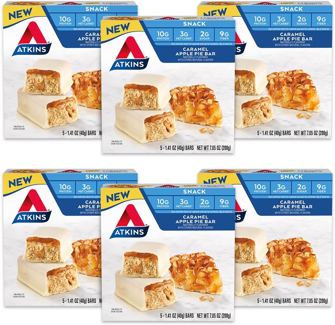 Atkins Snack Bar, Caramel Apple Pie, Naturally Flavored, Good Source of Protein and Fiber, Low Carb, Low Sugar (30 Bars)