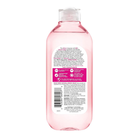 Garnier Micellar Water with Rose Water and Glycerin, Facial Cleanser & Makeup Remover, All-in-1 Hydrating, 13.5 Fl Oz (400mL), 1 Count (Packaging May Vary)