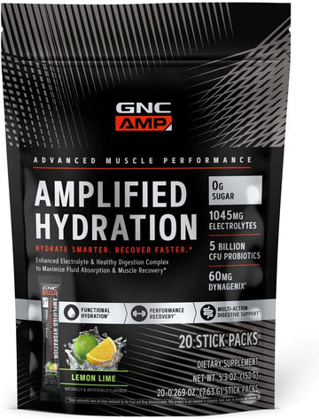 Gnc Amp Amplified Hydration | Enhanced Electrolyte & Healthy Digestion Complex | Lemon Lime | 20 Count