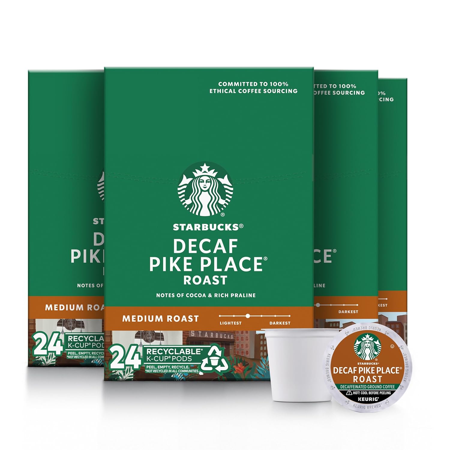 Starbucks K-Cup Coffee Pods, Medium Roast Coffee, Decaf Pike Place Roast, 100% Arabica, 4 Boxes (96 Pods Total)