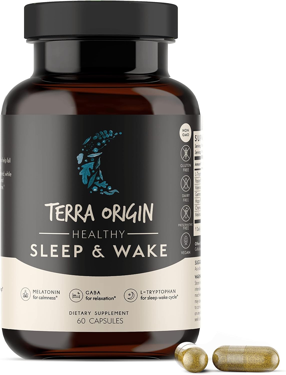 Terra Origin Restful Sleep And Awake Refreshed. Non-Gmo, Vegan, Gluten Free | 5Mg Melatonin, L-Tryptophan, Gaba, Chamomile, Valerian, Passionflower - 60 Capsules