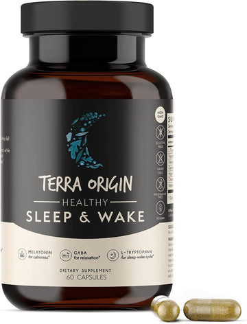 TERRA ORIGIN Restful Sleep and Awake Refreshed. Non-GMO, Vegan, Gluten Free | 5mg Melatonin, L-Tryptophan, GABA, Chamomile, Valerian, PassionFlower - 60 Capsules