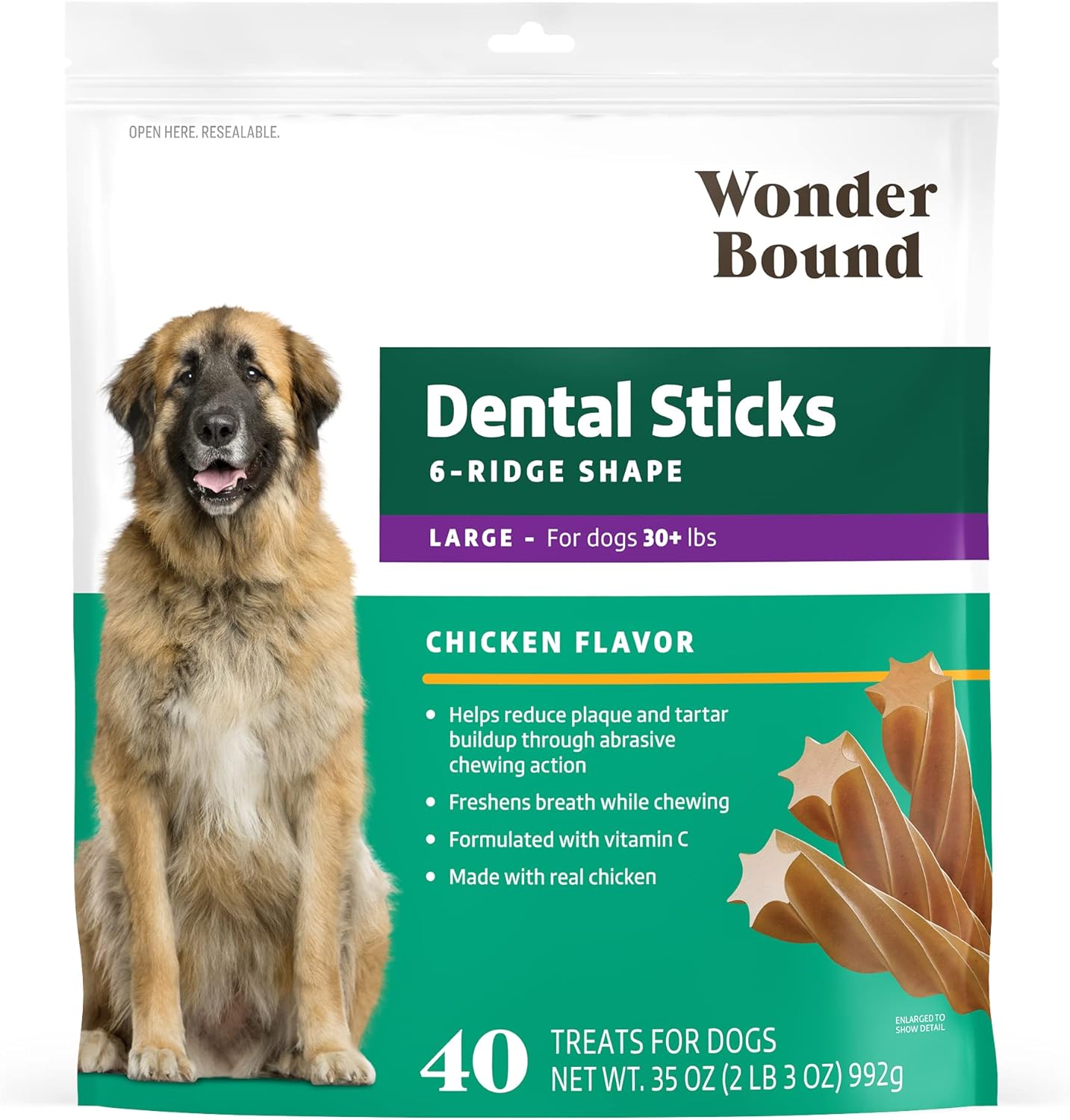 Amazon Brand - Wonder Bound Chicken Flavor Dental Sticks for Large Dogs (Over 30 lbs), 6-Ridge Shape for Plaque & Tartar Control, Freshens Breath, Made With Real Chicken, 40 Count (Pack of 1)