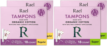 Rael Tampons, Compact Applicator Tampon Made With Organic Cotton - Tampons Multipack, Regular And Super Absorbency, Bpa-Free, Chlorine Free, Leak Locker Technology (72 Count, Bundle)