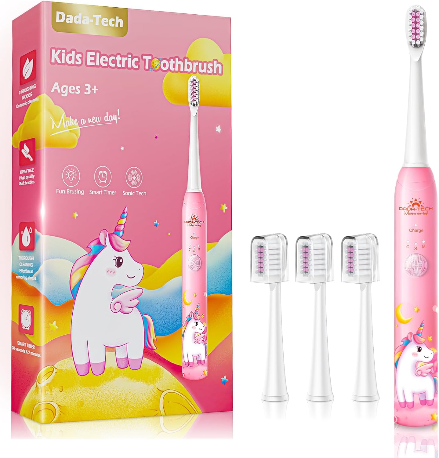 DADA-TECH Kids Electric Toothbrush Rechargeable, Soft Unicorn Tooth Brush with Timer Powered by Sonic Technology for Children Boys and Girls Age 3+, Waterproof and 3 Modes (Unicorn New Pink)