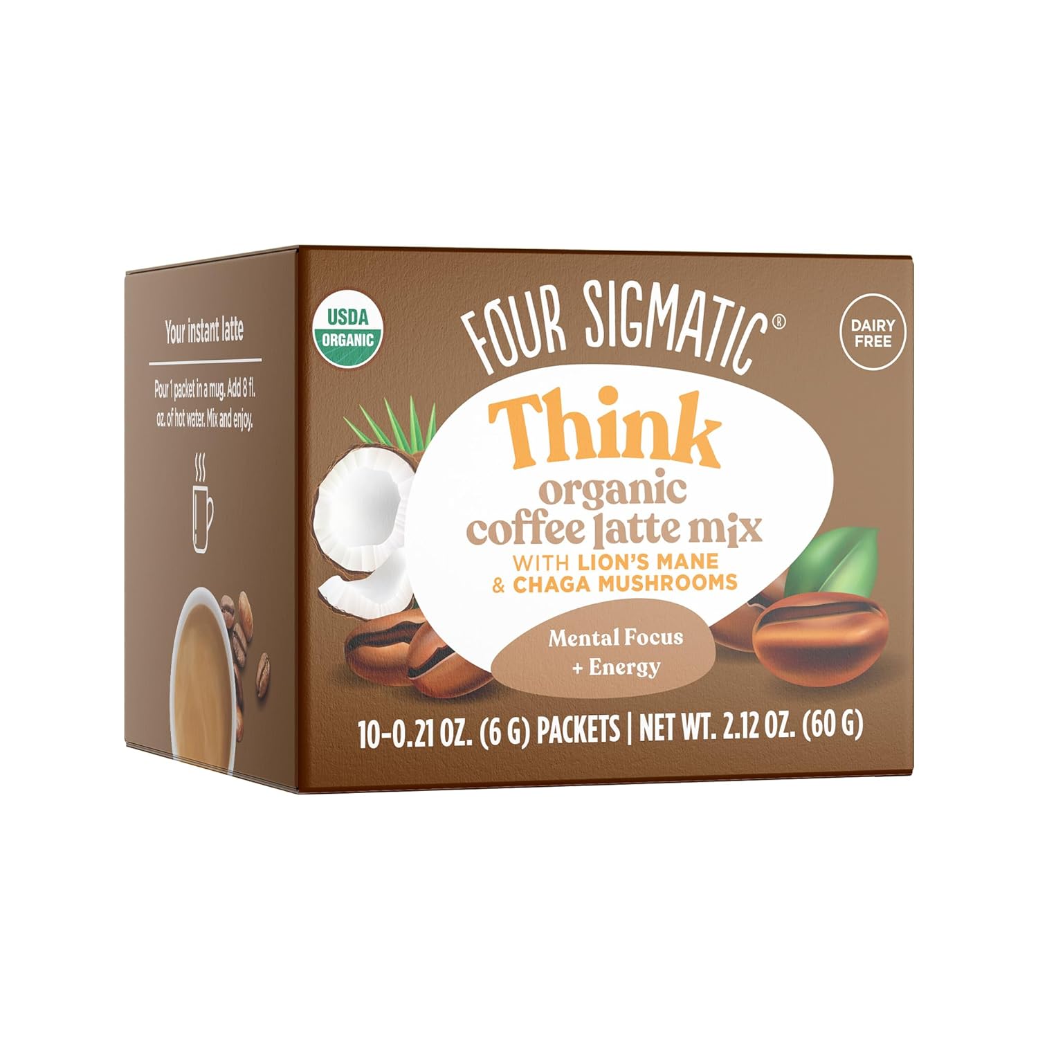 Mushroom Coffee Latte by Four Sigmatic | Daily Dose Alternative | Organic Instant Coffee Latte Mix with Lion's Mane, Chaga Mushrooms & Coconut Milk Powder | Keto & Dairy-Free | 10 Count