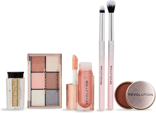 Revolution Beauty Pink Glow Get The Look Makeup Gift Set, 6-Piece Gift Set With Eye Brushes, Balm, Eyeshadow, Lip Shimmer, & Body Glitter, Cruelty-Free