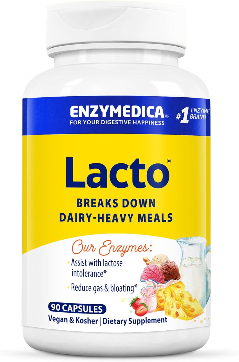 Enzymedica Lacto, Digestive Enzymes For Complete Dairy Digestion, Offers Fast-Acting Gas & Bloating Relief, Frustration Free Packaging, 90 Count (Ffp)