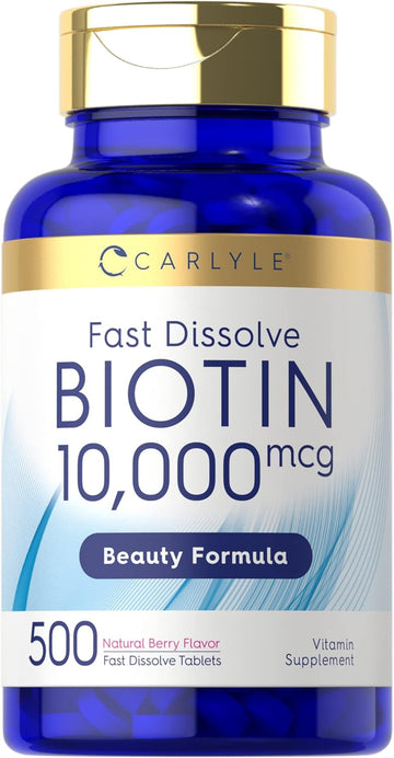 Carlyle Biotin 10000Mcg | 500 Fast Dissolve Tablets | Max Strength | Vegetarian, Non-Gmo, Gluten Free Supplement