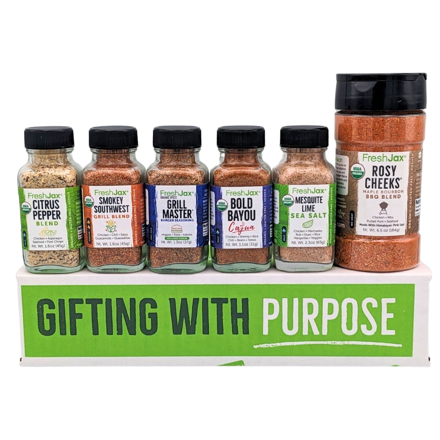 FreshJax Organic Spices | BBQ & Grill Lovers Gift Set | Includes 6 Seasoning Blends | 1 Large and 5 Sampler Size | Plant-Based, Gluten-Free, Certified Kosher, Certified Organic