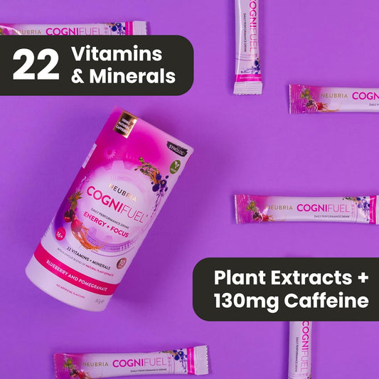 Neubria Cognifuel | 10 Hydration Sachets, Gym & Workout Energy Drink With Electrolytes, Caffeine, L-Theanine, Choline, L-Tyrosine & Vitamins, Improves Cognition, Focus, Blueberry & Pomegranate