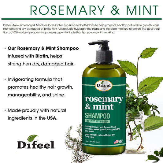 Difeel Rosemary Mint Strengthening Shampoo With Biotin 33.8 Oz. - Made With Natural Rosemary Oil For Hair Growth, Sulfate Free Shampoo