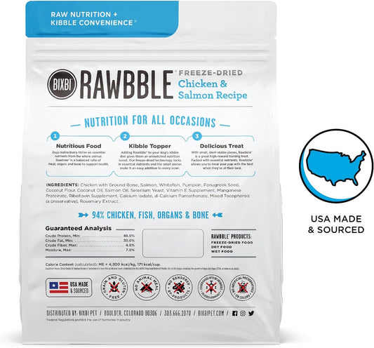 BIXBI Rawbble Freeze Dried Dog Food, Chicken & Salmon Recipe, 12 oz - 94% Meat and Organs, No Fillers - Pantry-Friendly Raw Dog Food for Meal, Treat or Food Topper - USA Made in Small Batches