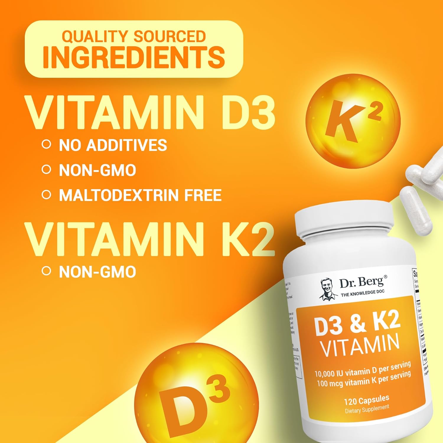 Dr. Berg's Vitamin D3 K2 Supplement w/MCT Oil - Includes 10,000 IU of Vitamin D3, 100 mcg MK7 Vitamin K2, Purified Bile Salts, Zinc & Magnesium for Ultimate Absorption - 120 Capsule : Health & Household
