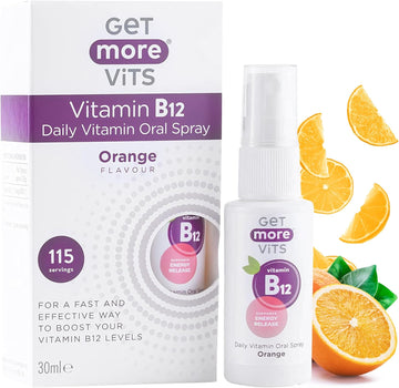 Get More Vits - Vitamin B12 Daily Oral Spray (30Ml), 115 Servings Per Bottle, Orange Flavour, Supports Energy Release, Reduce Tiredness & Fatigue, Supports Immune & Nervous System, Vegetarian, Vegan