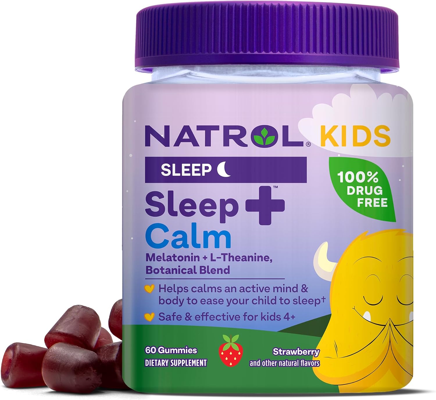 Natrol Kids Sleep+ Calm, Melatonin And L-Theanine, Supplement For Restful Sleep And Calming, Sleep Gummies For Kids, 60 Strawberry-Flavored Melatonin Gummies, 60 Day Supply