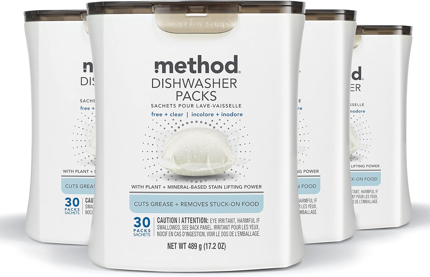 Method Dishwasher Detergent Packs, Fragrance Free + Clear, Dishwashing Rinse Aid To Lift Tough Grease And Stains, 30 Dishwasher Tabs Per Package, (Pack Of 4)